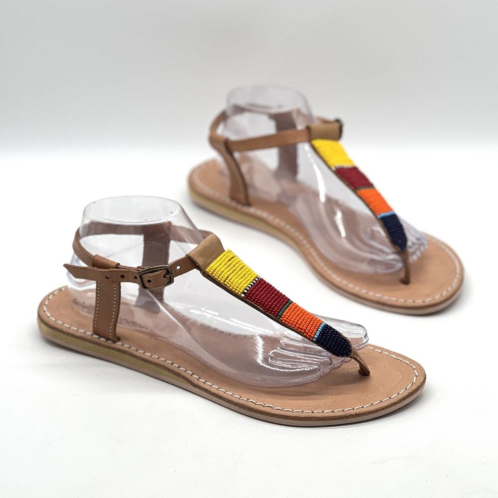 LAIDBACK LONDON Sandals Women 42 Leather Beaded Handmade Boho Flat Shoes T Strap
